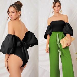 NWT Shein Off Shoulder Puff Sleeve Tied Backless Bodysuit - Black - Large (8/10)